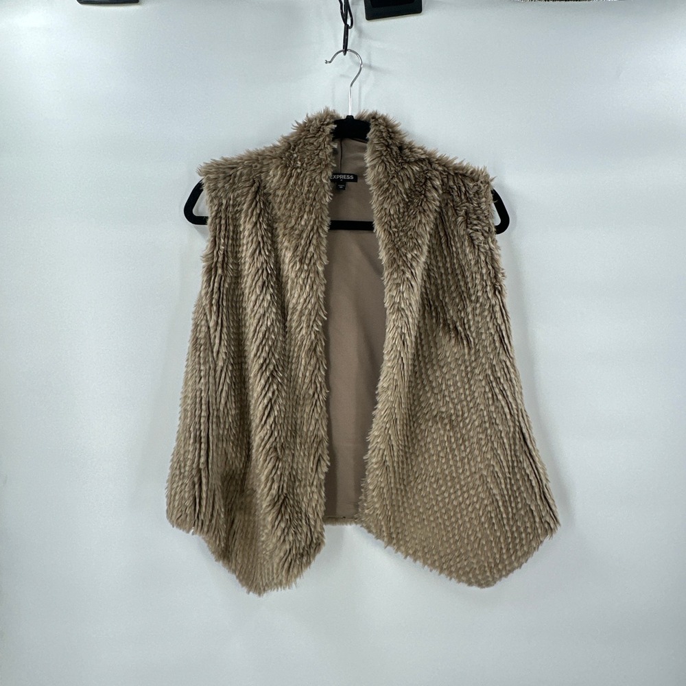 EXPRESS Faux Fur Vest Womens XS Brown Open Front Cozy Layering Boho Asymmetric